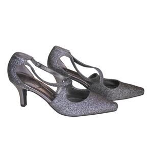Life Stride Soft System Silver Glitter Pumps Cross Straps Pull On 6.5M